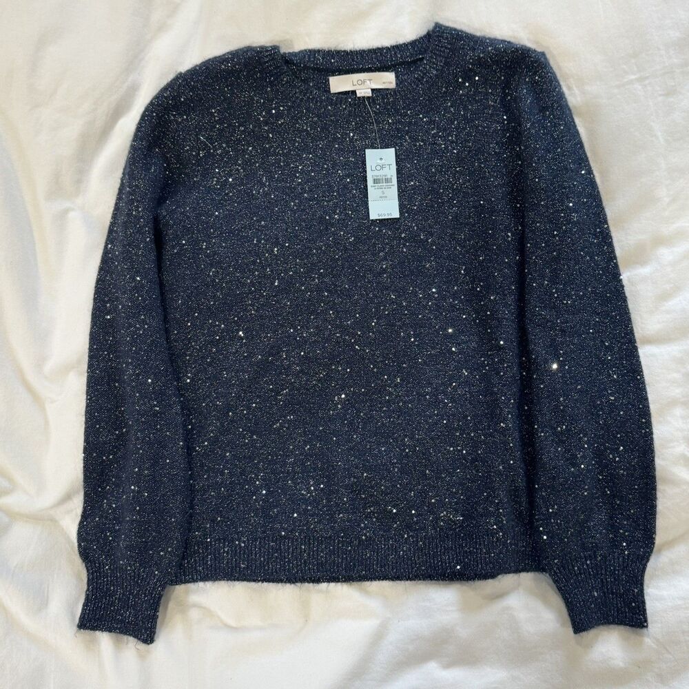 LOFT navy metallic sequin sweater Women's Petite Small NWT